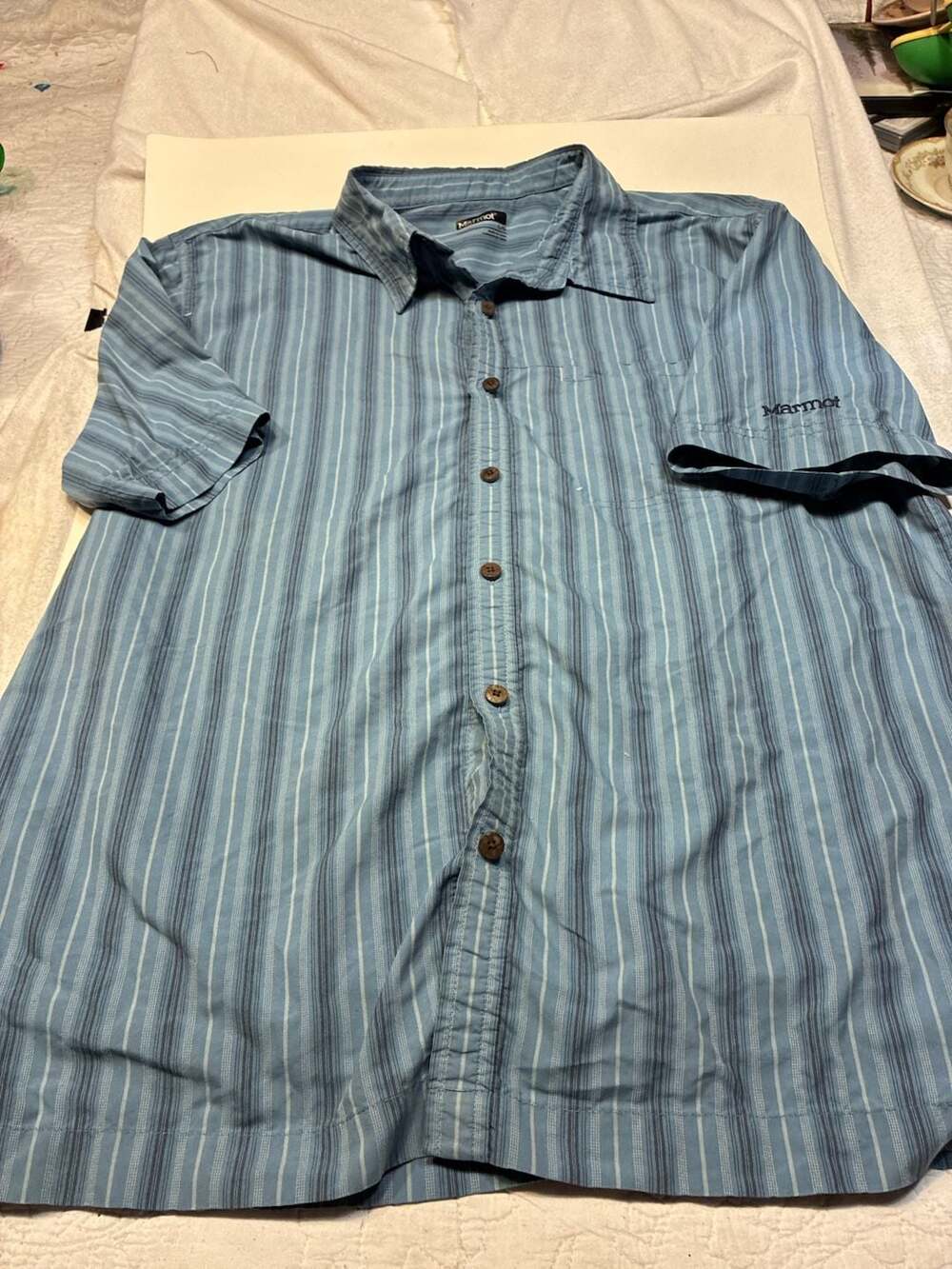 Marmot Mens Blue Striped Short Sleeve Button Up Shirt Size Large